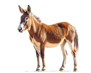 Donkey stands, brown fur, white markings, isolated against a white background