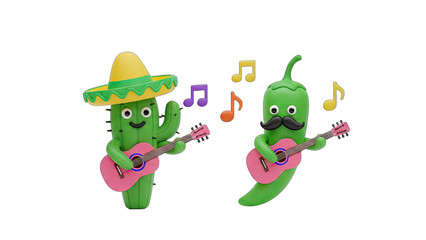 Cartoon Cactus Wearing Sombrero and Jalapeno Pepper With Mustache Playing Guitar Together on Transparent Background