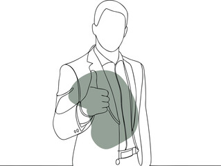 Businessman in suit giving thumbs up with a gray abstract shape vector illustration