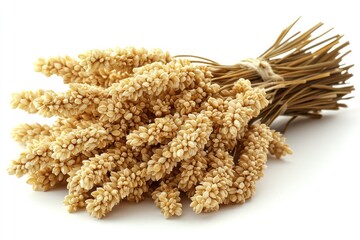 Fototapeta premium Dried grain bundle tied with twine, light beige color, resting on white surface