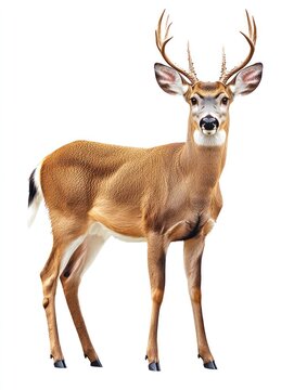 Elegant male deer, tan coat, dark tail, and partial antlers, on white