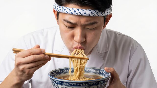 Man eats ramen noodles from a blue patterned bowl with wooden chopsticks, slurping hot broth in a close studio scene with clean white background and focused expression conveying traditional Japanese d