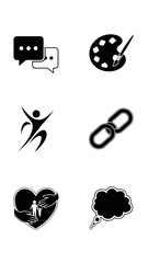 Set of black silhouette vector icons communication drawing vitality link chain protection and thinking isolated on white background digital graphic resource