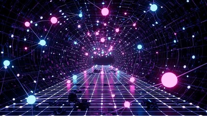 Abstract digital tunnel of glowing neon network connections and data points in dark space