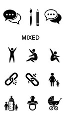 Set of 9 mixed black solid icons and 3 outline icons featuring chat bubbles art supplies human action figures broken links and baby care elements minimal style vector