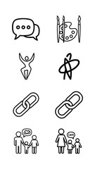 Linear vector icon set for communication concept depicting two overlapping speech bubbles containing three dots representing ongoing conversation dialogue interface symbol for web or application use