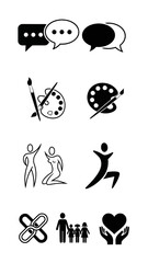 Dialogue art support connection family compassion diverse icon set collection featuring multiple chat bubbles creative tools figures unity and child care black and white vector illustration
