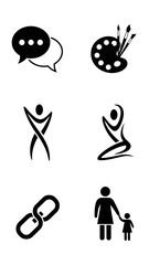Set of 6 mixed black solid icons featuring communication chat bubbles art supplies two human figures chain link and mother and child elements simple minimalist vector