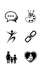 Communication creativity movement connection family welfare essential vector icon collection featuring speech dialogue art supplies fitness figure relationship link and child protection symbols