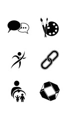Interaction connection protection and structure vector icons set featuring speech bubble chat art painting supplies abstract dynamic human figure family care and geometric element illustration
