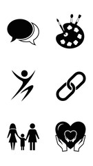Social connection creativity welfare icons set isolated black silhouette graphics representing freedom link relationship family group and charity protection solid style vector illustration