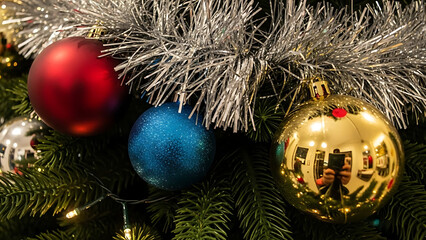 Vibrant christmas tree detail showcasing colorful red blue and gold baubles intertwined with shimmering silver tinsel and twinkling lights creating a joyful and traditional holiday display