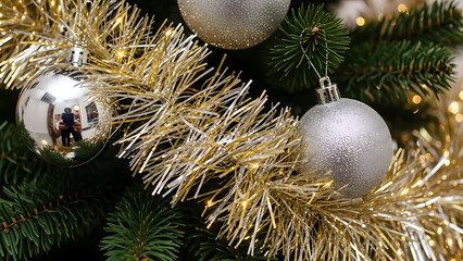 Close-up view of christmas tree branches adorned with shiny silver and matte baubles gold tinsel and delicate string lights creating a festive and sparkling holiday decoration