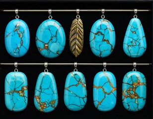 A collection of pendants with turquoise-like blue stones, some oval, some teardrop, and a brass leaf, all hanging against black