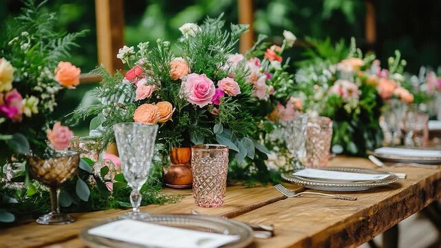 Video A simple yet elegant setting featuring a wooden table and a vase filled with colorful flowers