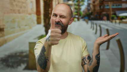 Bald man with tattoos gestures confidently outdoors in an urban street scene, showcasing his...