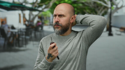 Naklejka premium Man outdoors on urban street, holding car keys with a puzzled expression, wearing a grey sweater, surrounded by blurred city background, evoking curiosity and thoughtfulness.