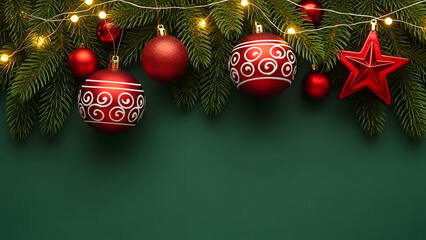 Festive christmas ornaments hanging from evergreen branches with warm glowing lights