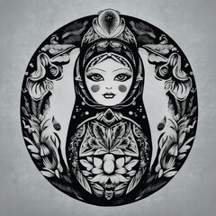 Russian matryoshka doll, white and black pattern in a circle. Isolated object on a white background