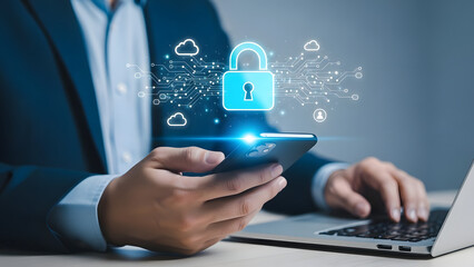 Business professional using a laptop with digital security and data protection concepts