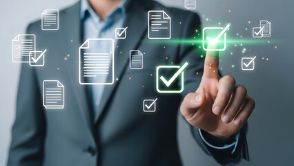 Business professional interacting with digital data and document management interface