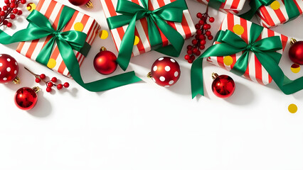 Festive christmas gift arrangement with ornaments and green ribbon on white background