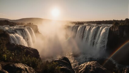 Obraz premium A vast, misty waterfall plunges from rocky cliffs as the sun shines, with a rainbow