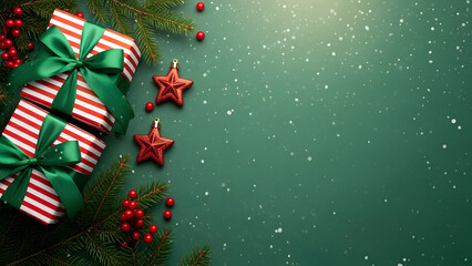 Festive christmas gifts and decorations on a rich emerald green background