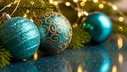 Festive blue and teal christmas ornaments with blurred lights in background