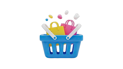 Blue Plastic Shopping Basket Overflowing With Colorful Shopping Bags and Small Confetti Pieces on a Transparent Background