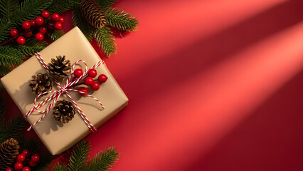 Festive gift wrapped in beige paper with natural holiday decorations and red background