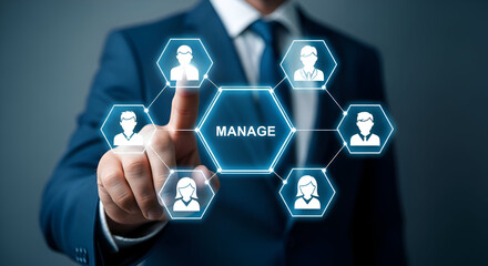 Businessman in suit interacting with glowing blue network of people icons and manage text on dark background