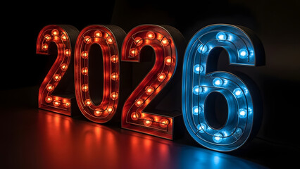 Illuminated new year numbers 2026 glowing brightly in red and blue light