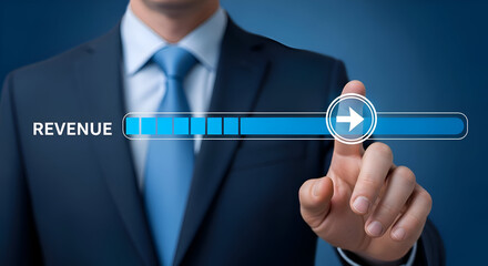 Businessman in a suit interacting with a digital revenue growth interface on a blue background with a loading bar and arrow button for finance and technology concepts