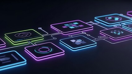Abstract digital flow of data and information processing with glowing neon icons