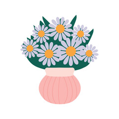 Daisy Bouquet in Pink Vase with Green Leaves