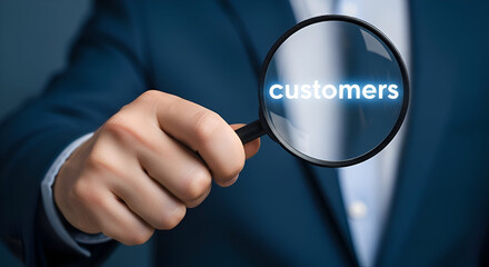 Businessman in blue suit holding magnifying glass focused on customers