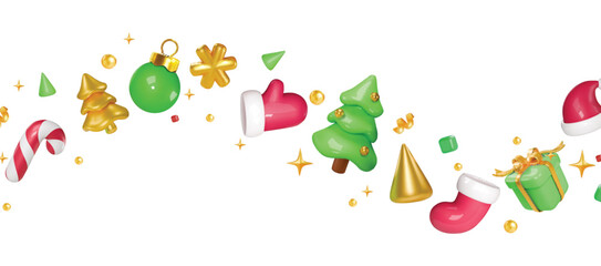 Christmas cartoon 3d garland decorated with red socks and red Santa hat. gift box and candy cane. Border for cards and Xmas deco festive Christmas divider. Winter season design element