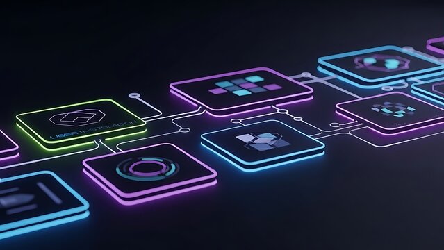 Abstract digital flow of data and information processing with glowing neon icons - Powered by Adobe