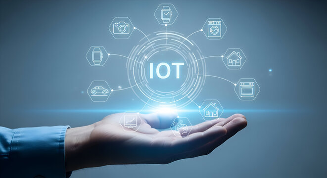 A person's hand with internet of things icons floating above it, symbolizing smart technology connections and data exchange in a futuristic digital environment with glowing blue light - Powered by Adobe