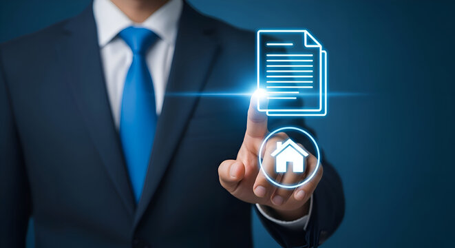 Businessman in blue suit interacting with digital house and document icons floating above his hand against a dark blue background with neon glow - Powered by Adobe