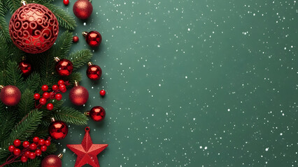 Festive christmas arrangement with red ornaments and evergreen branch on dark background