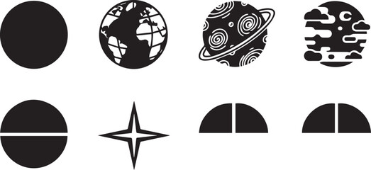 Versatile black and white vector icon collection featuring celestial objects and abstract graphic elements for design