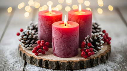 Festive advent wreath with red candles pinecones and winter berries display