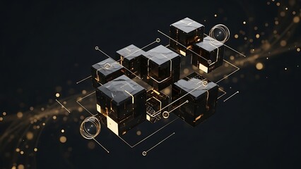 Abstract digital blockchain network of dark cubes with glowing golden particles and connections