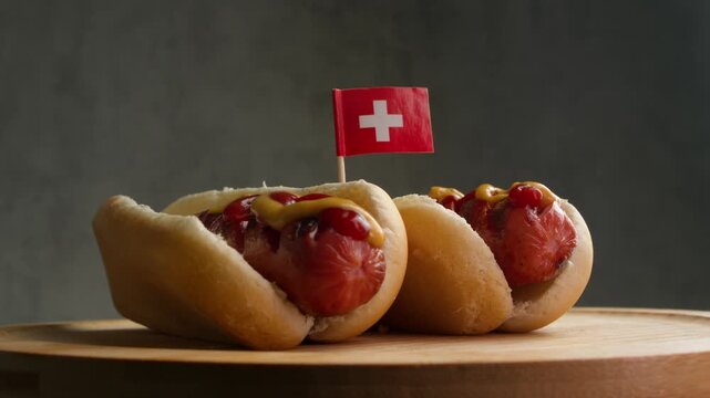 Close up of hot dog with Swiss flag, composition highlights Swiss quality sausages made from local meat and bakery buns.