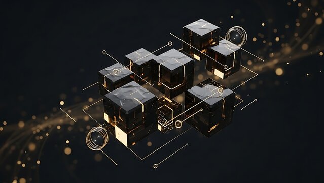 Abstract digital blockchain network of dark cubes with glowing golden particles and connections - Powered by Adobe