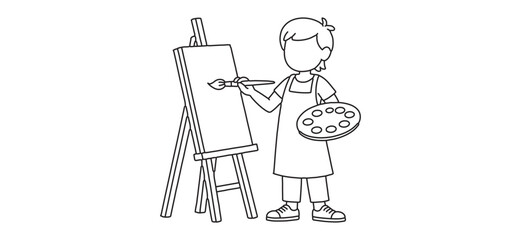 Artist Painting on Canvas Line Drawing