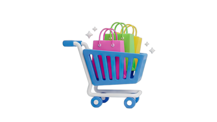 Blue Shopping Cart Filled With Colorful Shopping Bags Pink Green Yellow and Orange Paper Bags on a Transparent Background with Sparkles