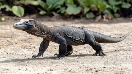 Obraz premium Komodo dragon stalks across a dry, sandy landscape under the bright sun